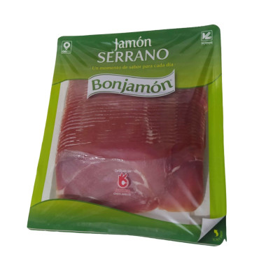 Хамон нарізний Jamon Serrano Bonjamon 500 г: іспанська шинка для закусок Хамон нарізний Jamon Serrano Bonjamon 500 г: іспанська шинка для закусок